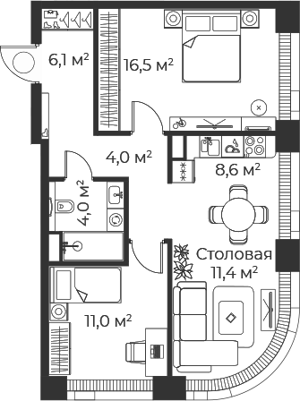 3-комн., 61.5 м², 55/71 этаж, ЖК «Веер»
