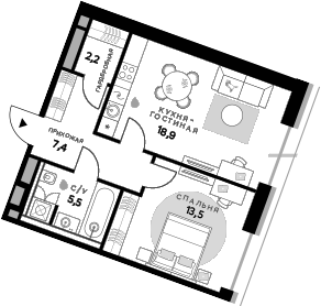 1-комн., 47.5 м², 10/11 этаж, ЖК «СберСити»