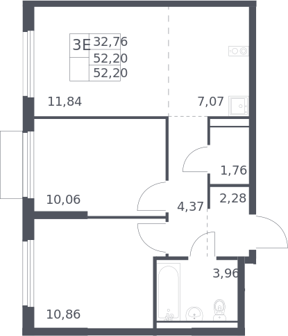3-комн., 52.2 м², 15/17 этаж, ЖК «Пригород Лесное»