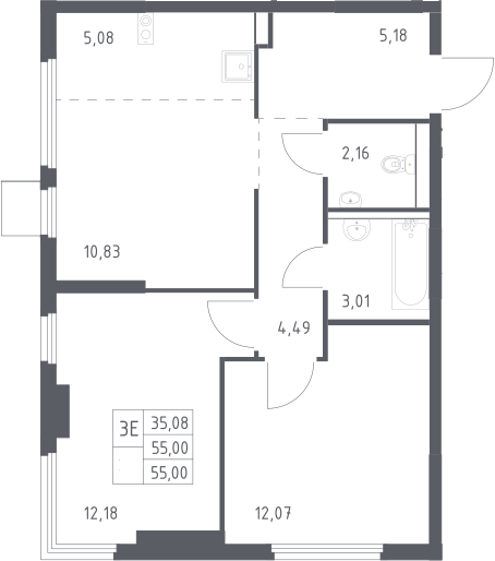 3-комн., 55 м², 17/17 этаж, ЖК «Пригород Лесное»