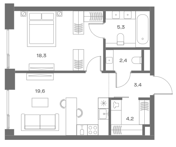2-комн., 53.2 м², 2/8 этаж, ЖК «СОУЛ»