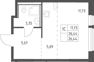 Студия, 26.44 м², 2/17 этаж, ЖК «Квартал Ивакино»