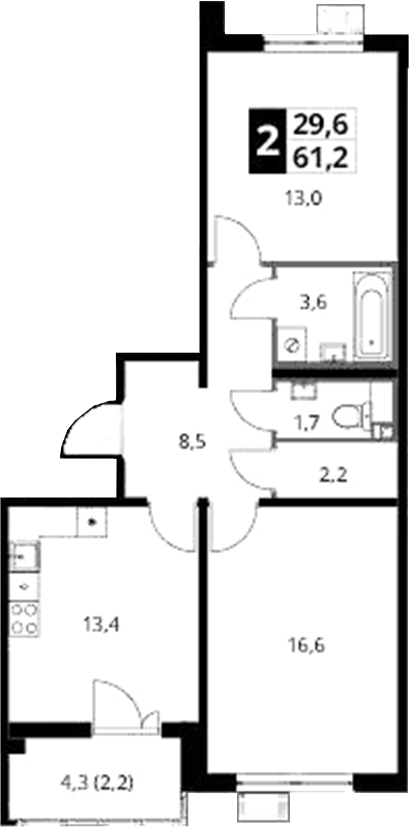 2-комн., 59 м², 21/23 этаж, ЖК «Южная Битца»