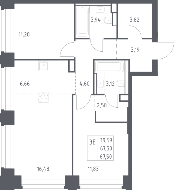 3-комн., 67.5 м², 22/32 этаж, ЖК «НОВА»