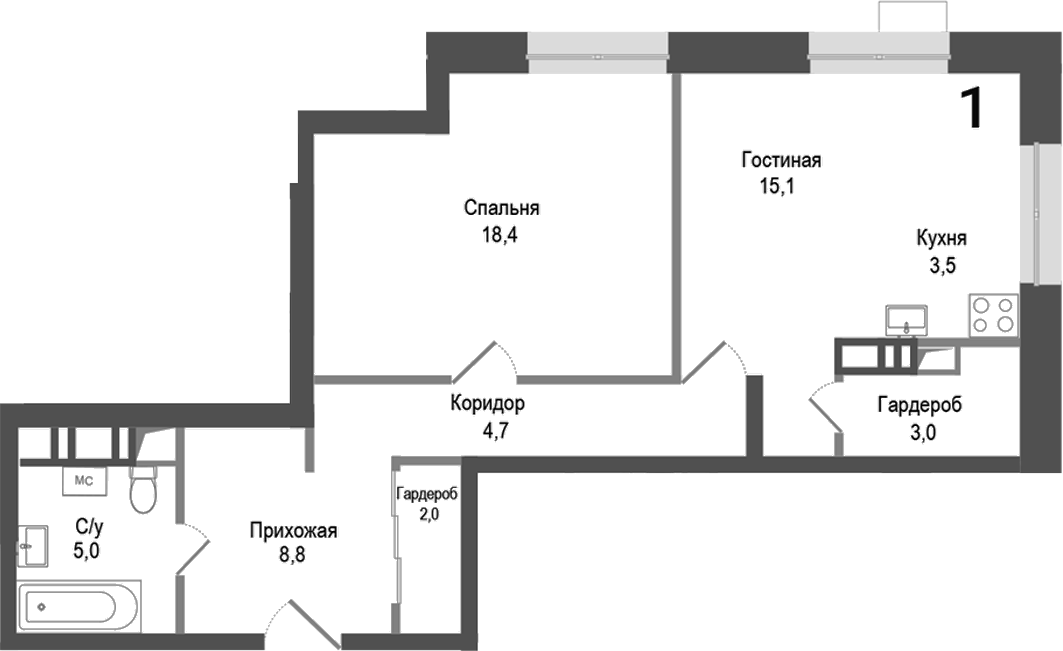 2-комн., 60.5 м², 1/8 этаж, ЖК «Киноквартал»