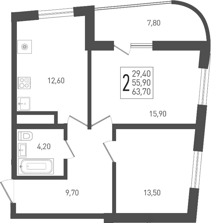 2-комн. квартира, 55.9 м² в ЖК ЖК «Кубанская Крепость» — фото 3
