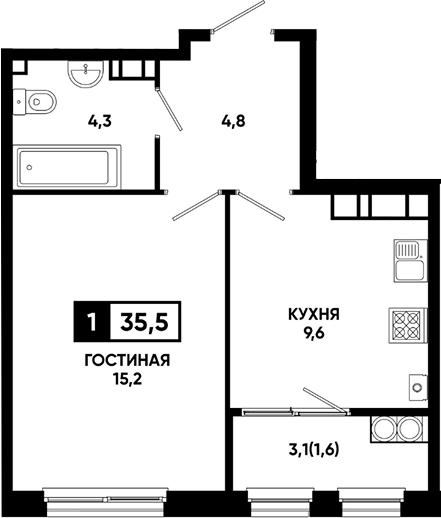 1-комн., 33.9 м², 18/24 этаж, ЖК «Резиденция Софи»