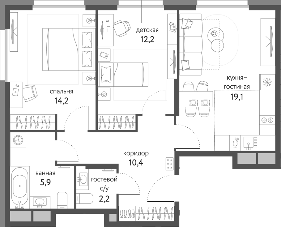 3-комн., 65.4 м², 12/13 этаж, ЖК «Сиреневый парк»