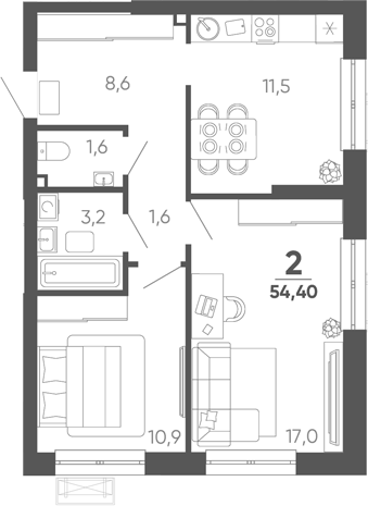 2-комн. квартира, 54.4 м² в ЖК Барса — фото 2