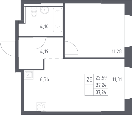 2-комн., 37.24 м², 2/17 этаж, ЖК «Пригород Лесное»