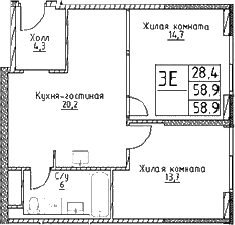 3-комн., 58.9 м², 19/29 этаж, ЖК «Наметкин Тауэр»