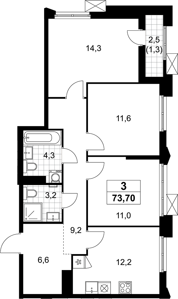 3-комн., 72.4 м², 13/14 этаж, ЖК «Деснаречье»