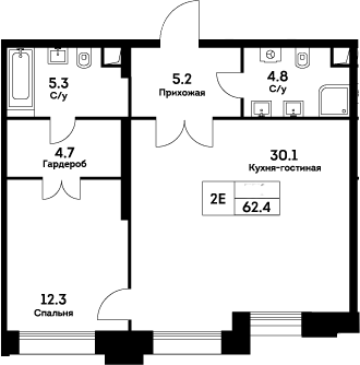 2-комн., 62.4 м², 34/34 этаж, ЖК «ЭВЕР»