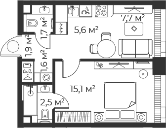 2-комн., 36.2 м², 61/71 этаж, ЖК «Веер»