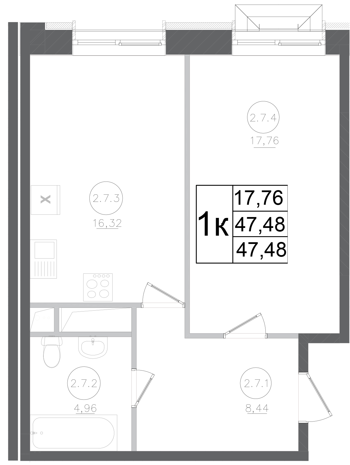 1-комн., 47.48 м², 2/17 этаж, ЖК «Авиатор-2»