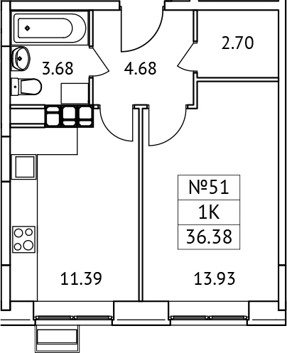 1-комн., 36.38 м², 8/11 этаж, ЖК «Новотомилино»