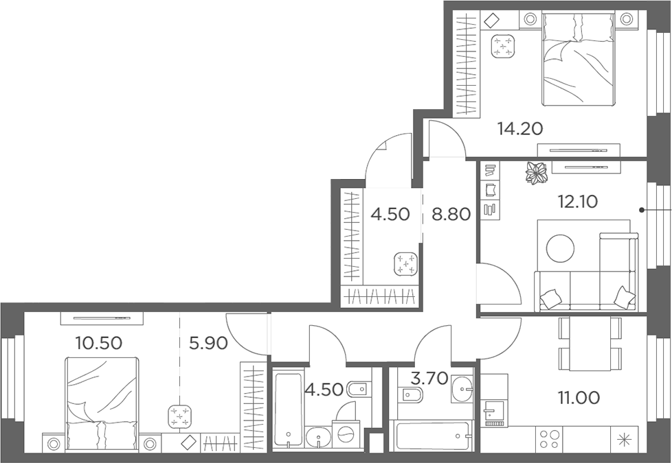 3-комн., 75.2 м², 9/20 этаж, ЖК «Белый Град»
