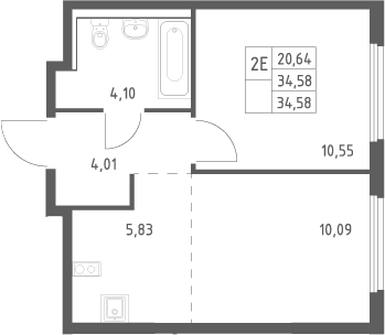 2-комн., 34.58 м², 5/17 этаж, ЖК «Пригород Лесное»