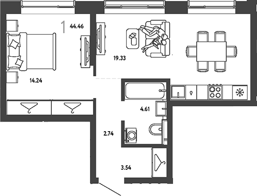1-комн., 44.46 м², 19/19 этаж, ЖК «Страна.Парковая»