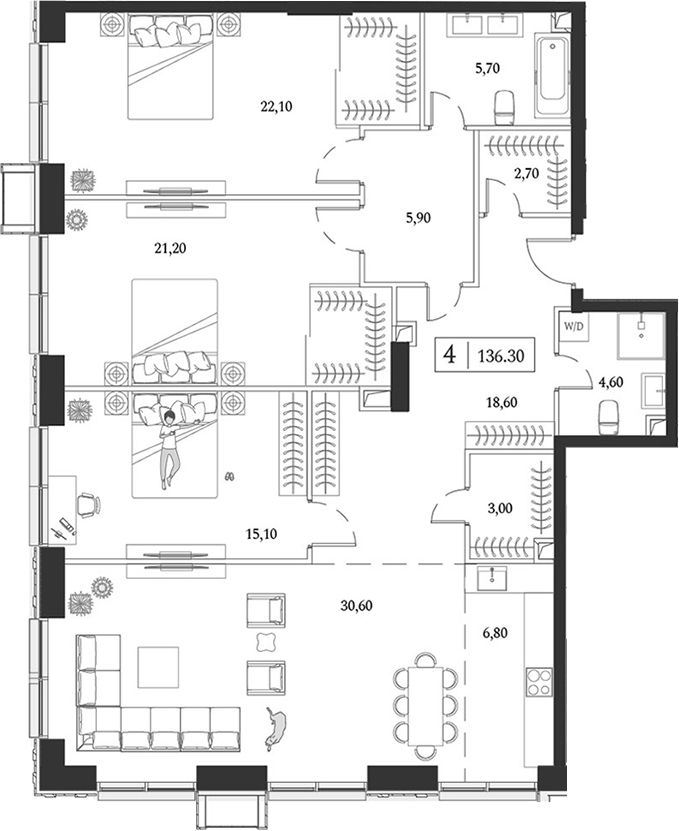 4+ комнаты, 136.3 м², 22/24 этаж, ЖК «Dream Towers»