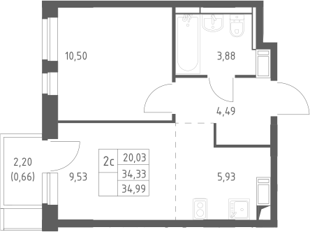 2-комн., 34.33 м², 7/12 этаж, ЖК «Пятницкие Луга»