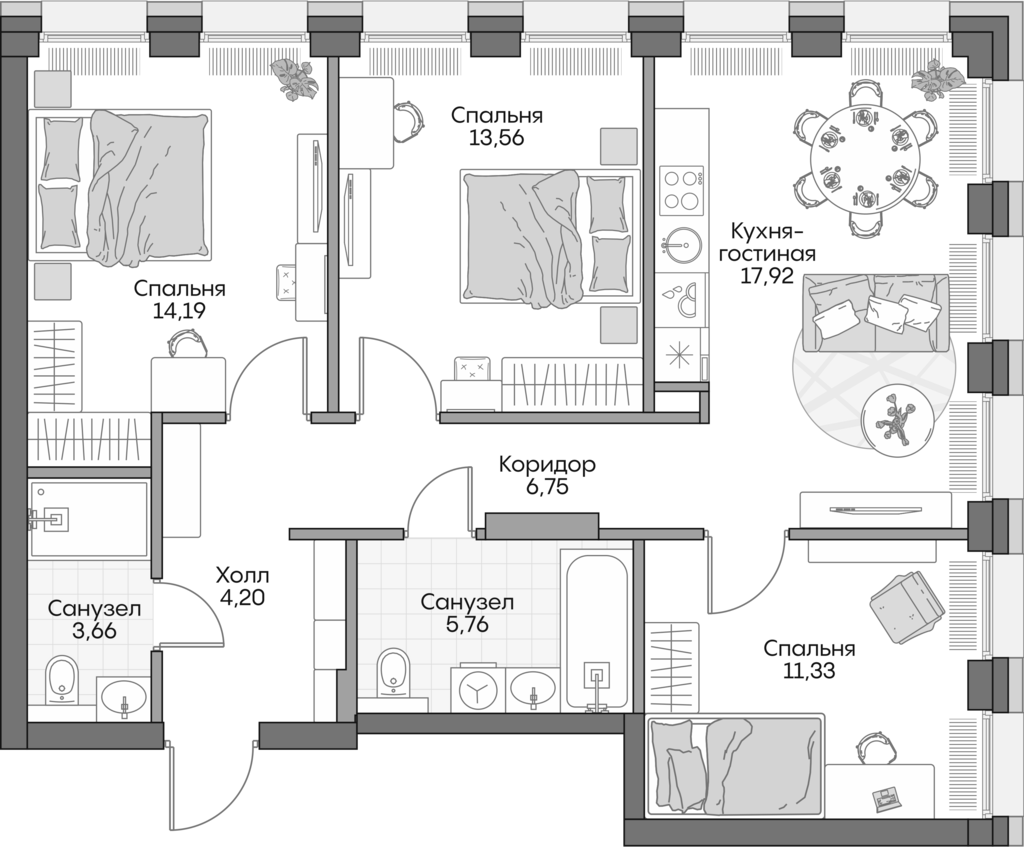 4+ комнаты, 75.6 м², 3/16 этаж, ЖК «Инсайдер»