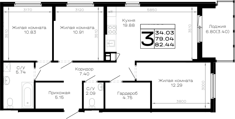 3-комн. квартира, 79.04 м² в ЖК Усадьба Гостагаевская — фото 2