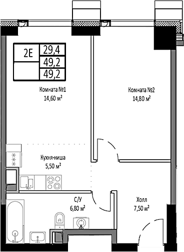 2-комн., 49.2 м², 9/35 этаж, ЖК «Мираполис»