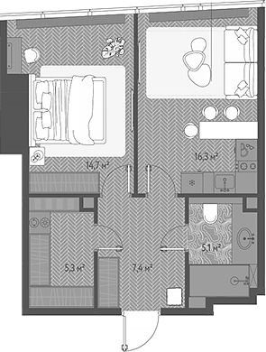 2-комн., 48.8 м², 39/90 этаж, ЖК «ОНЕ»