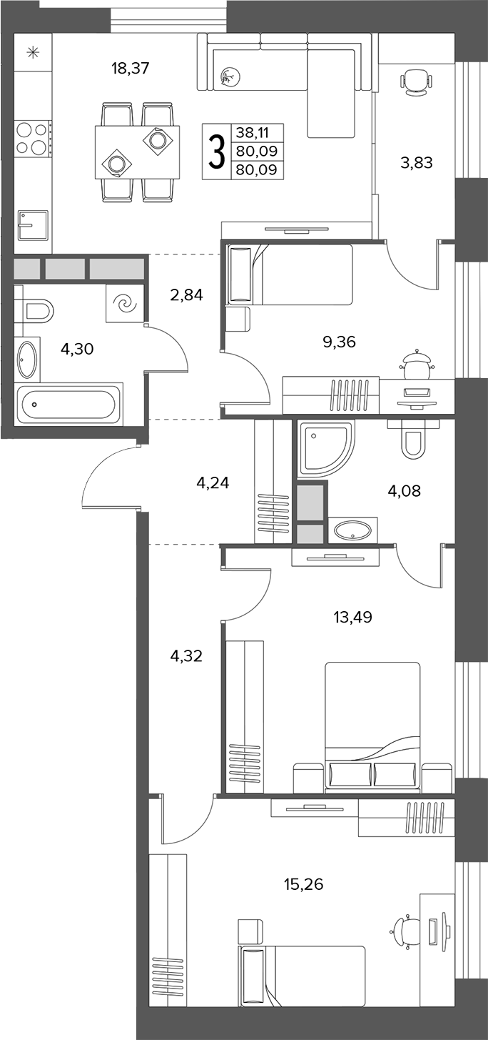 4+ комнаты, 80.09 м², 8/18 этаж, ЖК «Городской бор»