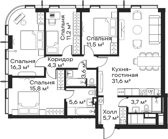 4+ комнаты, 109.3 м², 54/59 этаж, ЖК «Сити Бэй»
