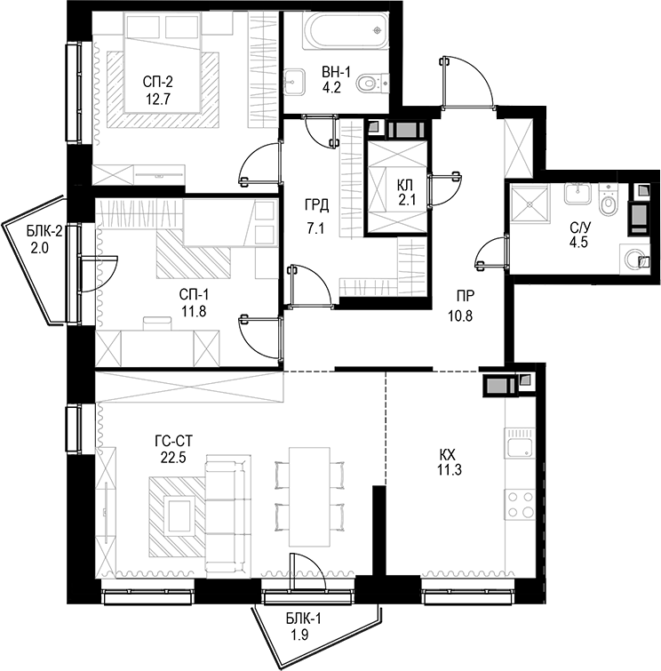 3-комн., 87 м², 11/28 этаж, ЖК «Трилогия «Кристалл»»