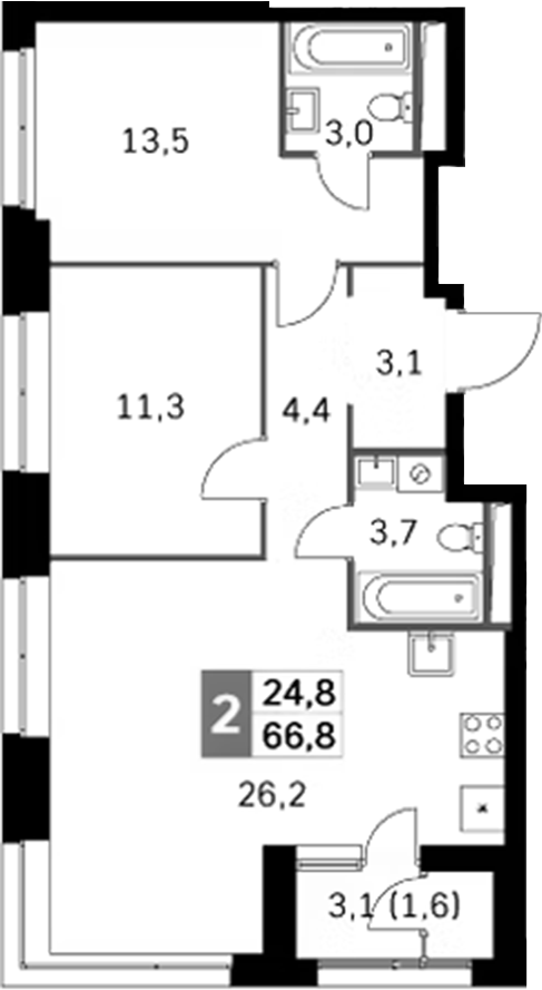 3-комн., 65.2 м², 40/44 этаж, ЖК «Скай Гарден»