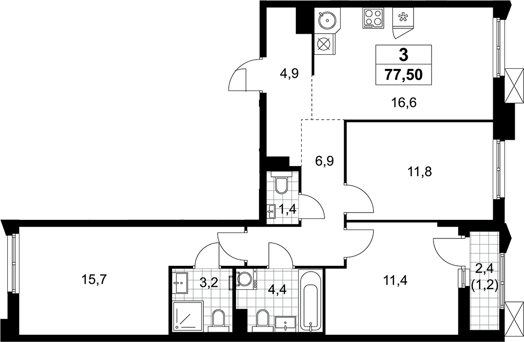 4+ комнаты, 76.3 м², 3/14 этаж, ЖК «Деснаречье»