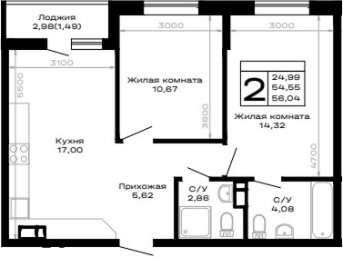 2-комн., 54.55 м², 2/16 этаж, ЖК «Горные высоты»