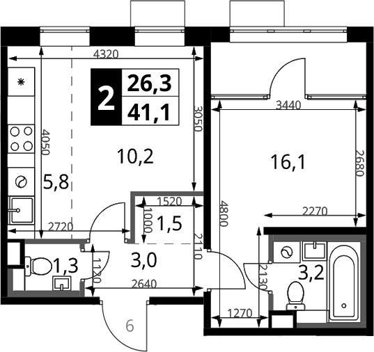2-комн., 41.1 м², 6/17 этаж, ЖК «1-й Химкинский»