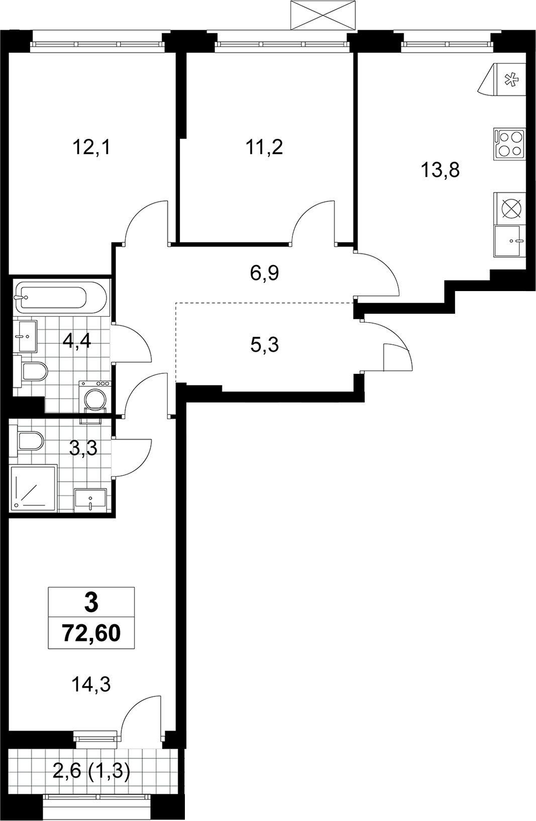 3-комн., 71.3 м², 10/10 этаж, ЖК «Прокшино»