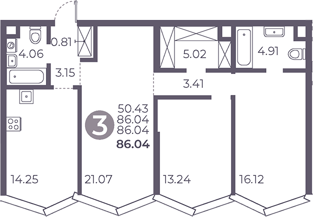 3-комн., 86.04 м², 27/39 этаж, ЖК «Мневники от Гранель»