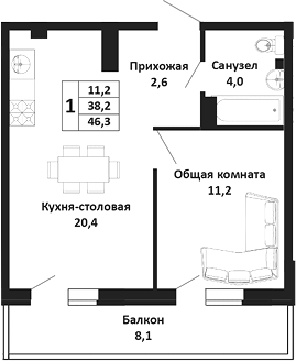 2-комн. квартира, 38.2 м² в ЖК Южные Соседи — фото 2