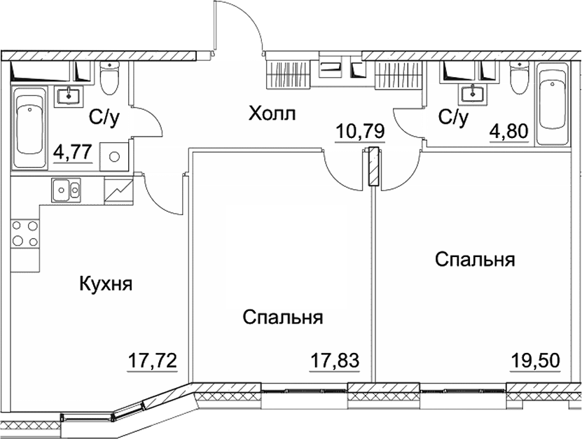 2-комн., 75.41 м², 13/15 этаж, ЖК «СЕЗАР СИТИ»