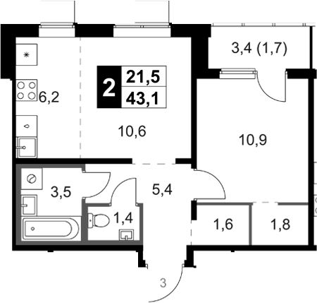 2-комн., 42.5 м², 18/18 этаж, ЖК «1-й Ясеневский»