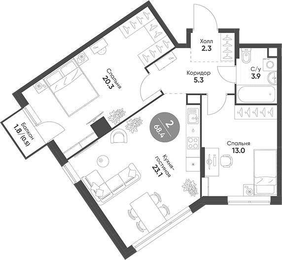 3-комн., 67.9 м², 6/22 этаж, ЖК «Соколинн Парк»