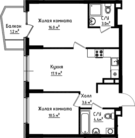 2-комн., 55.4 м², 5/6 этаж, ЖК «Коллекция»