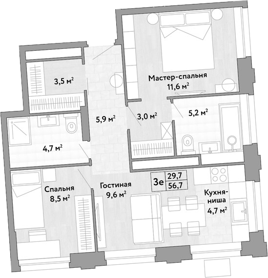 3-комн., 56.7 м², 27/27 этаж, ЖК «Новые Смыслы»