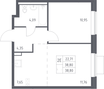 2-комн., 38.8 м², 9/13 этаж, ЖК «Новое Видное»