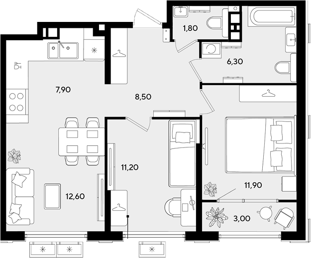 3-комн., 60.2 м², 6/9 этаж, ЖК «Порто-Ново»