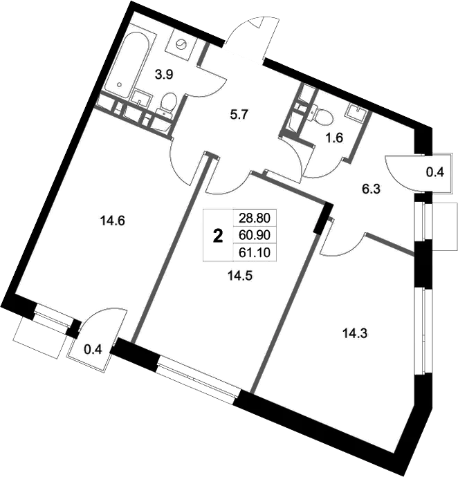 2-комн., 60.86 м², 2/4 этаж, ЖК «Легенда Марусино»