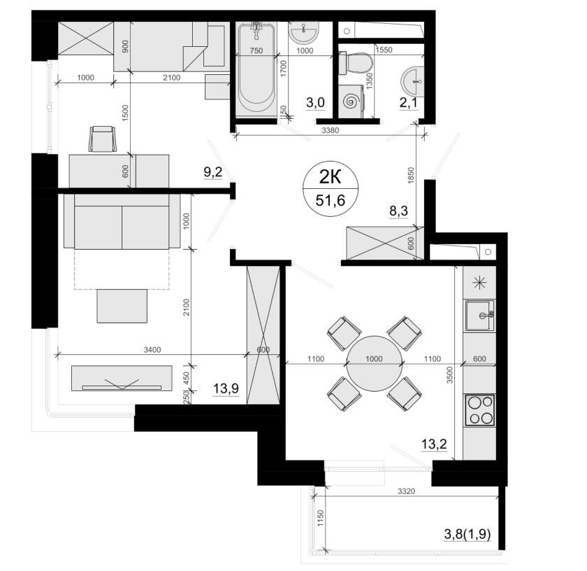 2-комн., 49.7 м², 3/10 этаж, ЖК «Одинцовские Кварталы Эволюция»