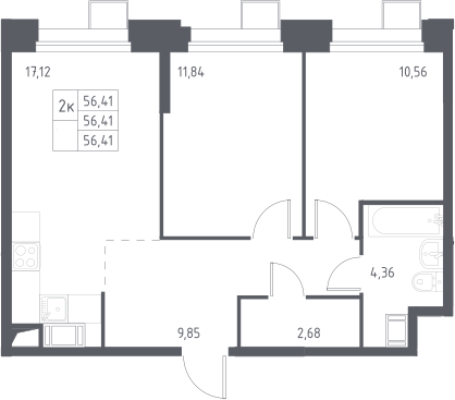 3-комн., 56.41 м², 20/23 этаж, ЖК «Тропарево Парк»