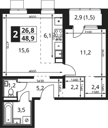 2-комн., 48.4 м², 4/17 этаж, ЖК «1-й Ясеневский»